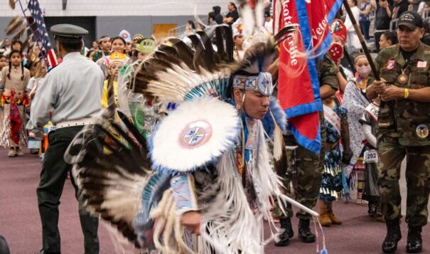 Crow rapper and fancy dancer Supaman participated in the Lakota Nation Invitational youth wacipi grand entry on Dec. 15 in Rapid City, S.D. (Photo by Amelia Schafer, ICT/Rapid City Journal)