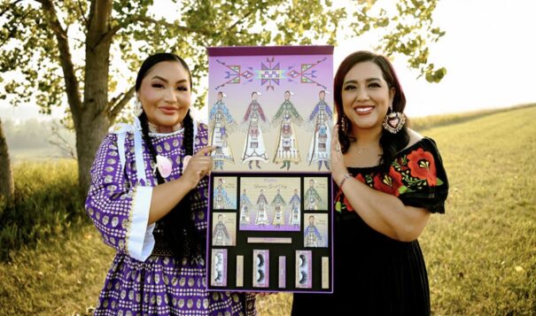 Cece Meadows, right, the owner of Prados Beauty company that makes vibrant cosmetics for Indigenous people and others, has a collaboration with Blackfeet designer Lauren Good Day that will use Good Day's ledger designs on packaging. Meadows, who is Xicana, Yaqui and Comanche, has a new deal to put the cosmetics lin in more than 600 JCPenney stores in 2023. (Photo courtesy of Prados Beauty)