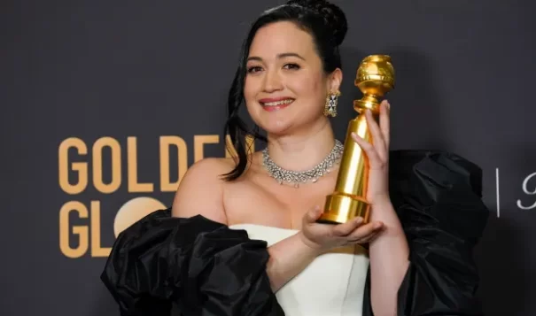 Lily Gladstone poses in the press room with the award for best performance by an actress in a motion picture, drama for "Killers of the Flower Moon" at the 81st Golden Globe Awards on Sunday, Jan. 7, 2024, at the Beverly Hilton in Beverly Hills, Calif. (AP Photo/Chris Pizzello)