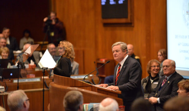 Former Gov. Jack Dalrymple delivers the State of the State address in 2015 at the state Capitol. He testified in federal court on Friday about the Dakota Access Pipeline protests, which occurred during the final months of his tenure. (Courtesy of State Historical Society of North Dakota. SHSND 31843)
