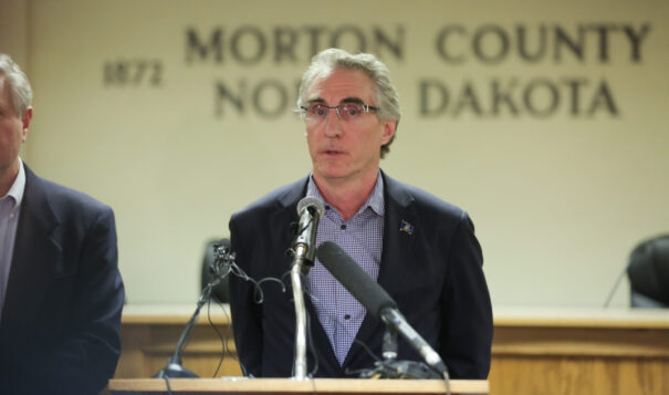 CANNON BALL, ND - FEBRUARY 22:  North Dakota Governor Doug Burgum speaks during a press conference announcing plans for the clean up of the Oceti Sakowin protest camp on February 22, 2017 in Mandan, North Dakota. Protesters and campers against the DAPL pipeline, at times numbering in the thousands, are now down to under a hundred. (Photo by Stephen Yang/Getty Images)