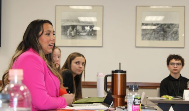 Shayla Davis (left), the leader of the Native American Education and Experiences caucus of the State Superintendent’s Student Cabinet, said she wants American Indian pupils to have the same opportunities every other student in North Dakota has. (Photo credit/ Adrianna Adame)
