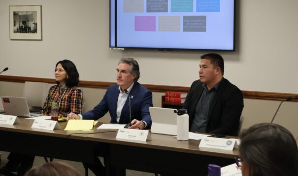North Dakota Indian Affairs Commission Executive Director Brad Hawk, right, participates in a commission meeting Feb. 28, 2024, at the Capitol with Lt. Gov. Tammy Miller and Gov. Doug Burgum. (Mary Steurer/North Dakota Monitor)