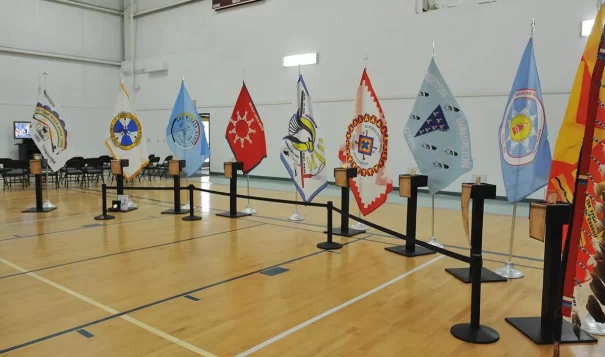 An exhibit including a display of the tribal flags from the Cheyenne River, Crow Creek, Oglala, Rosebud, Sisseton Wahpeton, Standing Rock and Yankton Sioux Tribes. (Rapid City Journal File photo)