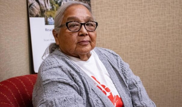 Carmen White Horse spoke about the murder of her granddaughter Reganne Chekpa during the inaugural MMIP conference held by the Oglala Sioux Tribe and Rosebud Sioux Tribe. (Photo by Amelia Schafer, ICT/Rapid City Journal)