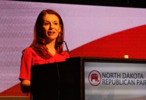  Kirsten Baesler speaks to delegates during the 2024 NDGOP Convention at the Sanford Athletic Complex in Fargo on April 5, 2024. Baesler is running for reelection as the state’s superintendent. (Michael Achterling/North Dakota Monitor)