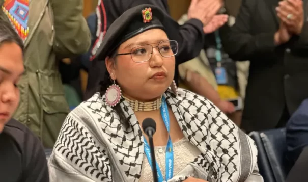 Morgan Brings Plenty, Cheyenne River Sioux, gives an intervention about lawsuits targeting protesters during the NoDALP movement at the United Nations Permanent Forum on Indigenous Issues at the UN headquarters in New York City on April 16, 2024. (Pauly Denetclaw, ICT)