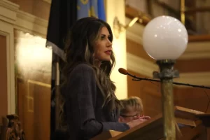South Dakota Governor Kristi Noem is now banned from seven of the nine reservations in South Dakota. (Photo by Darsha Dodge, Rapid City Journal)