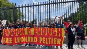 Hundreds of demonstrators took to the White House in Washington, D.C. for the Free Leonard Peltier 79th Birthday Action on September 12, 2023. (Jourdan Bennett-Begaye, ICT)