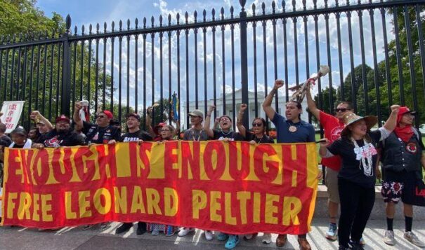 Hundreds of demonstrators took to the White House in Washington, D.C. for the Free Leonard Peltier 79th Birthday Action on September 12, 2023. (Jourdan Bennett-Begaye, ICT)