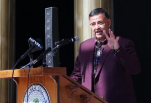  Mandan, Hidatsa and Arikara Nation Chair Mark Fox speaks during an event at the Capitol on March 22, 2024. On Tuesday, Fox said he's 