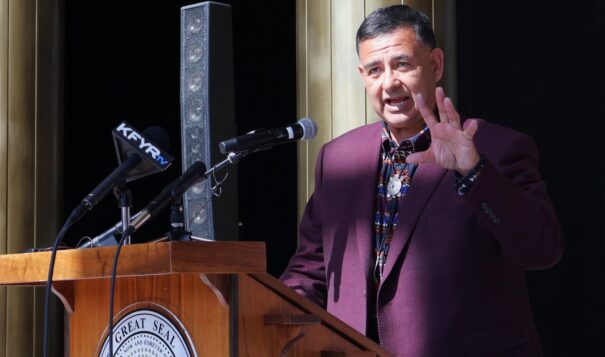  Mandan, Hidatsa and Arikara Nation Chair Mark Fox speaks during an event at the Capitol on March 22, 2024. On Tuesday, Fox said he's "extremely disappointed" with a change of position North Dakota is taking in a court case involving Fort Berthold. (Michael Achterling/North Dakota Monitor)